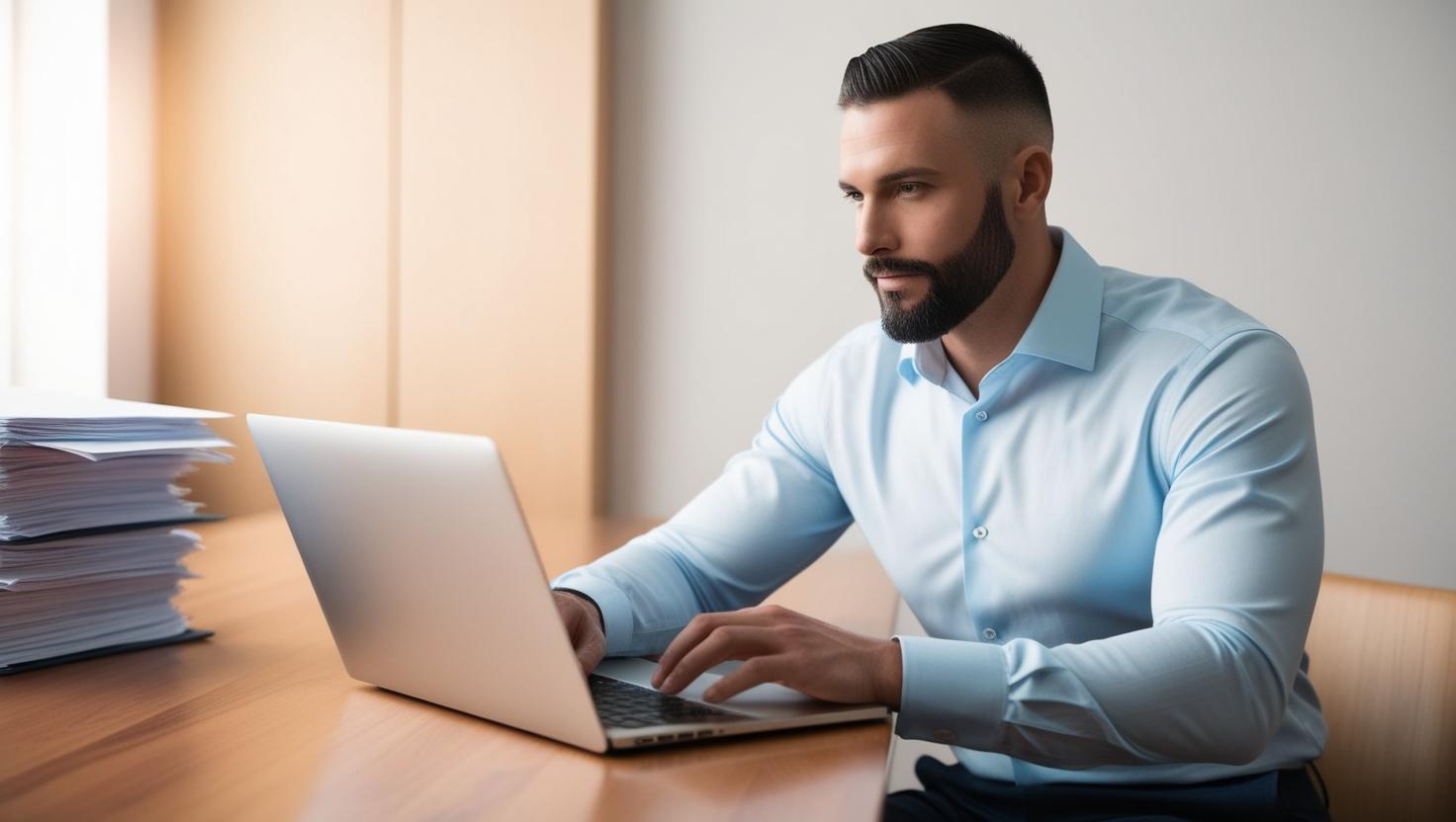 man working on laptop, papers are on the left side of the table